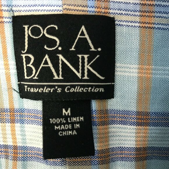 JOS A. BANK Linen Shirt Men M Button Up Long Sleeve Blue  & Tan Plaid - Picture 2 of 7